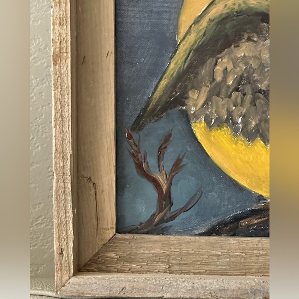 OIL PAINTING SIGNED Reclaimed Wood Framed Owl Painting With Yellow Moon Harvest - Picture 5 of 11